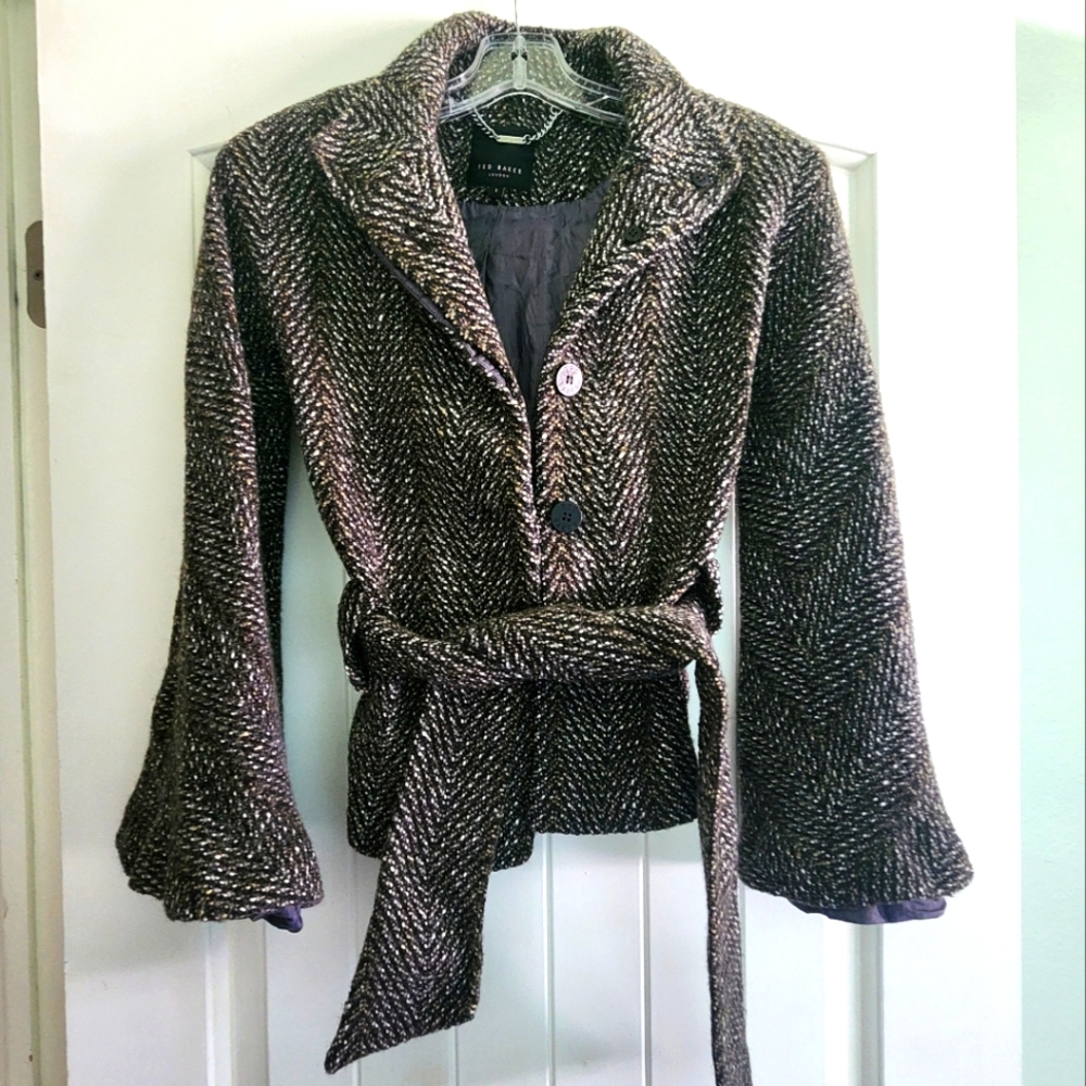 Ted Baker London Brown Chevron Wool Blend Belted Bell Sleeve Jacket Coat Sz 1
